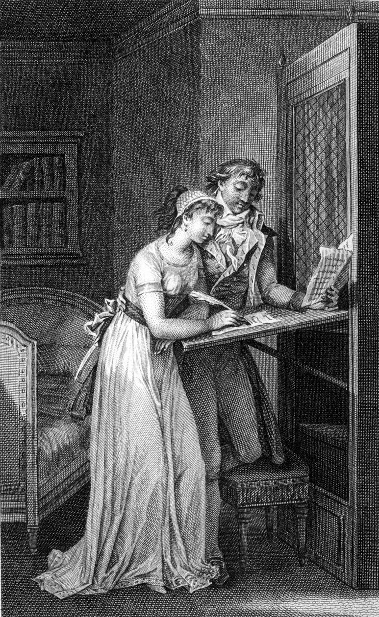 رسم توضيحي لكتاب "العلاقات الخطيرة" للكاتبة Choderlos De Laclos (1741 - 1803). نقش من بداية القرن التاسع عشر. بواسطة فنان غير معروف