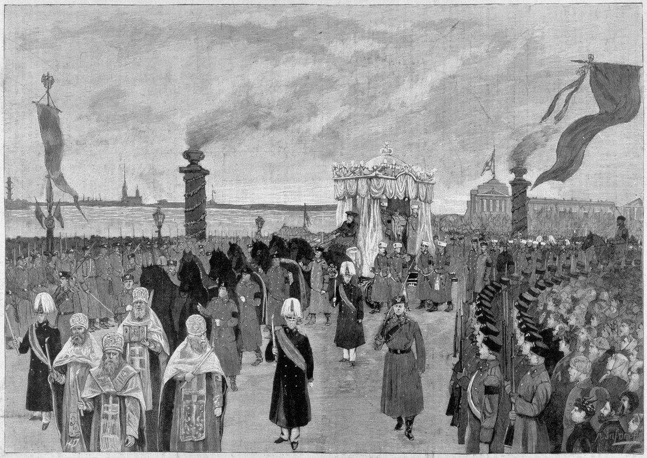 رسم توضيحي لجنازة القيصر ألكسندر الثالث عام 1894. بواسطة فنان غير معروف