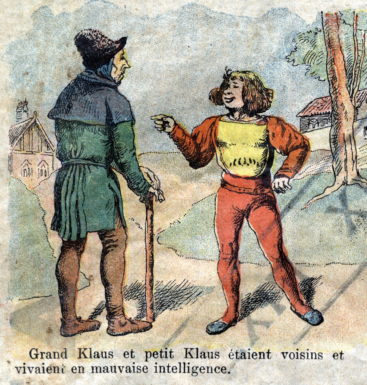 رسم توضيحي من أواخر القرن التاسع عشر لحكاية هانز كريستيان أندرسن (1805-1875) "جراند كلوز وليتل كلوز" (كلاوس). مجموعة خاصة. بواسطة فنان غير معروف