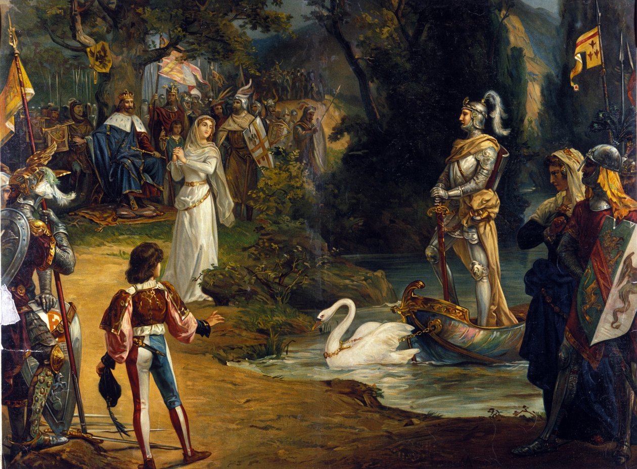 رسم توضيحي لأوبرا "Lohengrin" للملحن الألماني ريتشارد فاغنر (1813-1883). الطباعة الحجرية الملونة بواسطة فنان غير معروف