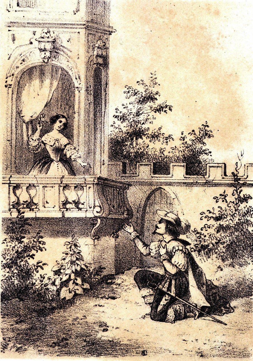 رسم توضيحي لأغنية "الملك دق الطبل": رجل يعلن حبه لامرأة على نافذته. sd. بواسطة فنان غير معروف