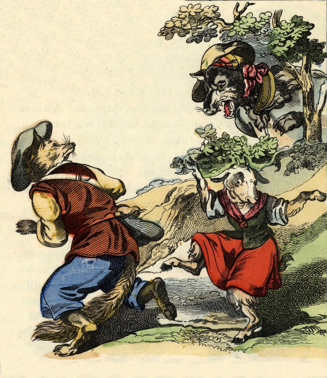 رسم توضيحي لحكاية "Bon Medor and Little Chevrette" ". في "" حكايات من المنزل للصغار "". نقش مجهول من القرن التاسع عشر. بواسطة فنان غير معروف