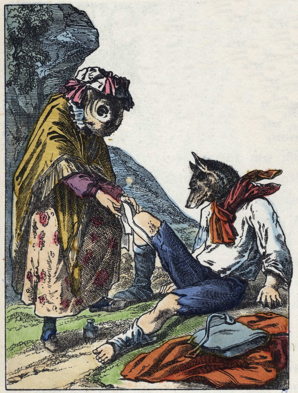 رسم توضيحي لحكاية "خروف أمي الطيبة". في "" حكايات من المنزل للصغار "". نقش مجهول من القرن التاسع عشر. بواسطة فنان غير معروف