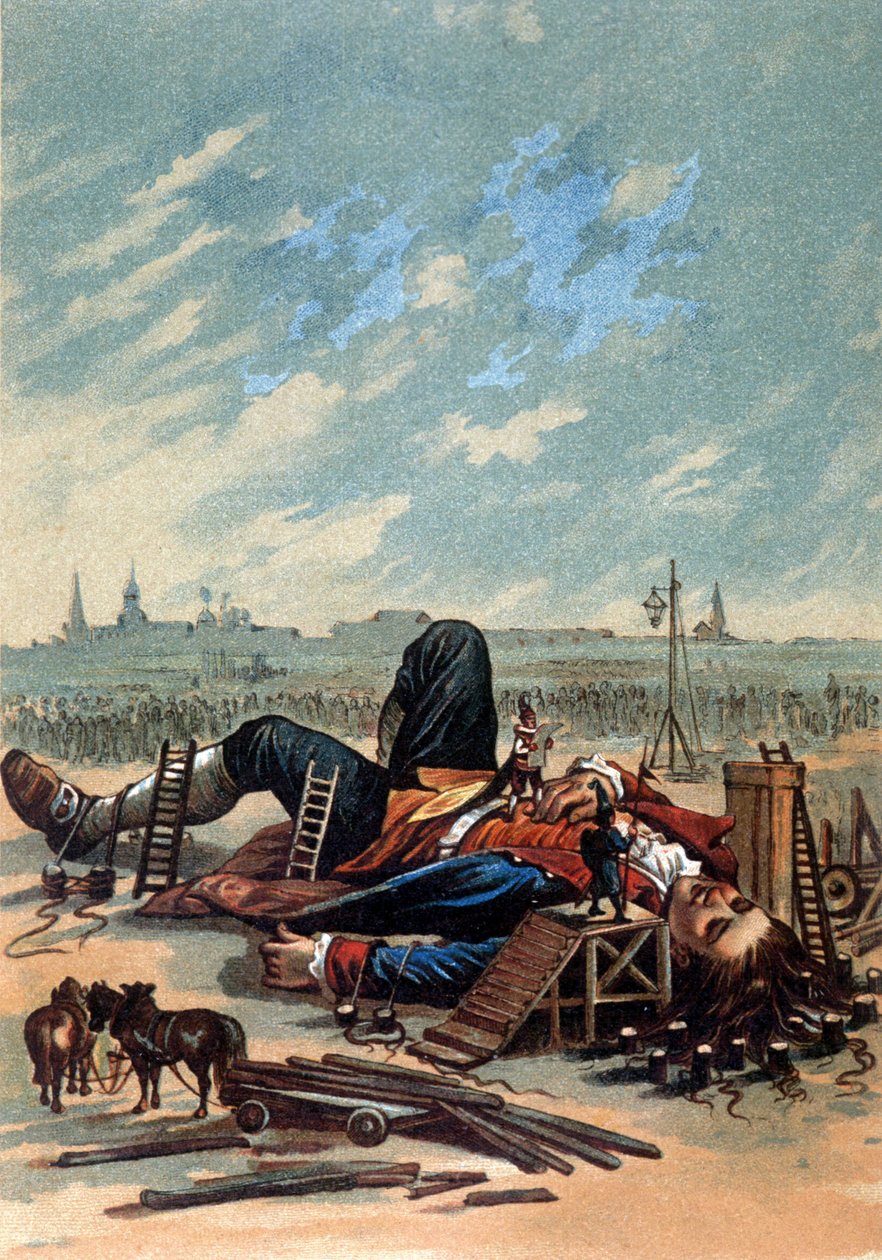 رسم توضيحي يُظهر Lilliputians وهم يربطون جاليفر. الطباعة الحجرية الملونة ، sd. أواخر القرن التاسع عشر. بواسطة فنان غير معروف