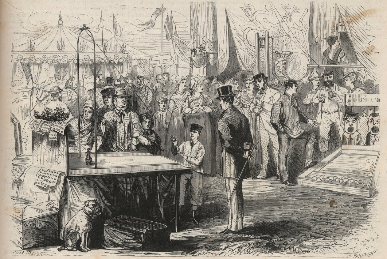 الأمير الإمبراطوري يوجين لويس جوزيف (1856-1879) في عيد فونتينبلو. يحاول فك دمية بمساعدة كرة تتدلى من خيط. نقش في "الكون اللامع" بواسطة فنان غير معروف