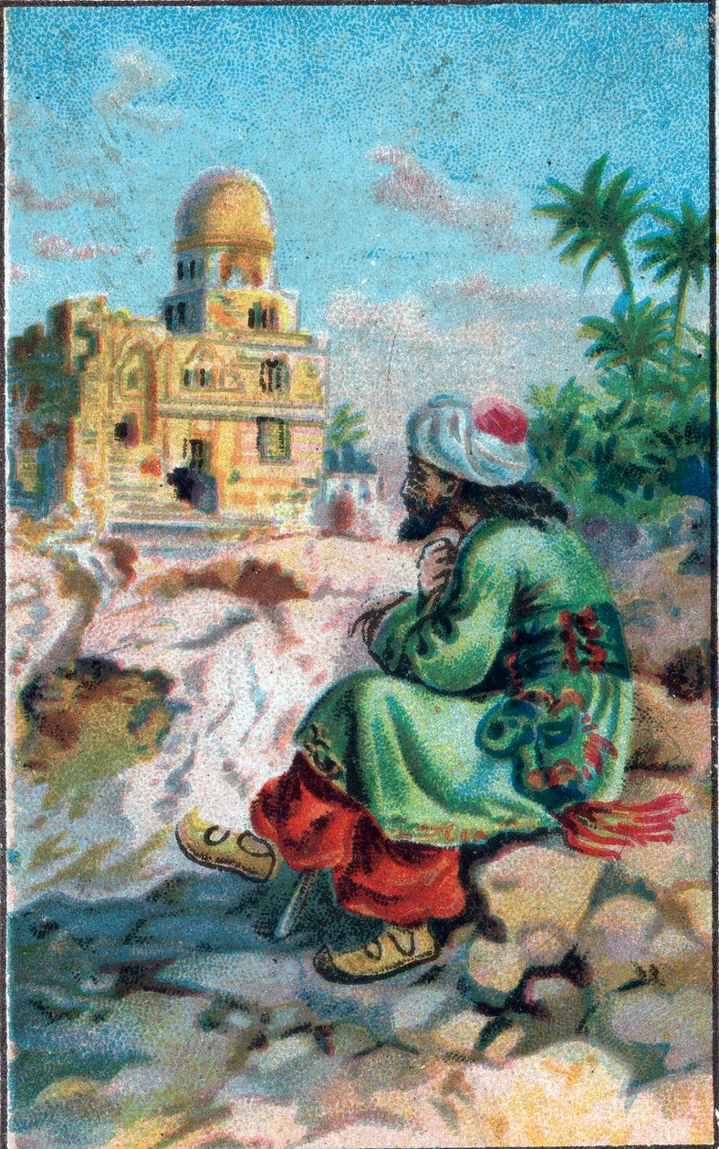 أمام الخراب: حكاية معروف (معروف) المدخر "" ألف ليلة وليلة "(1001 ليلة أو Le mille e una notte ، الليالي العربية) ، الطباعة الحجرية الملونة في نهاية القرن التاسع عشر. بواسطة فنان غير معروف
