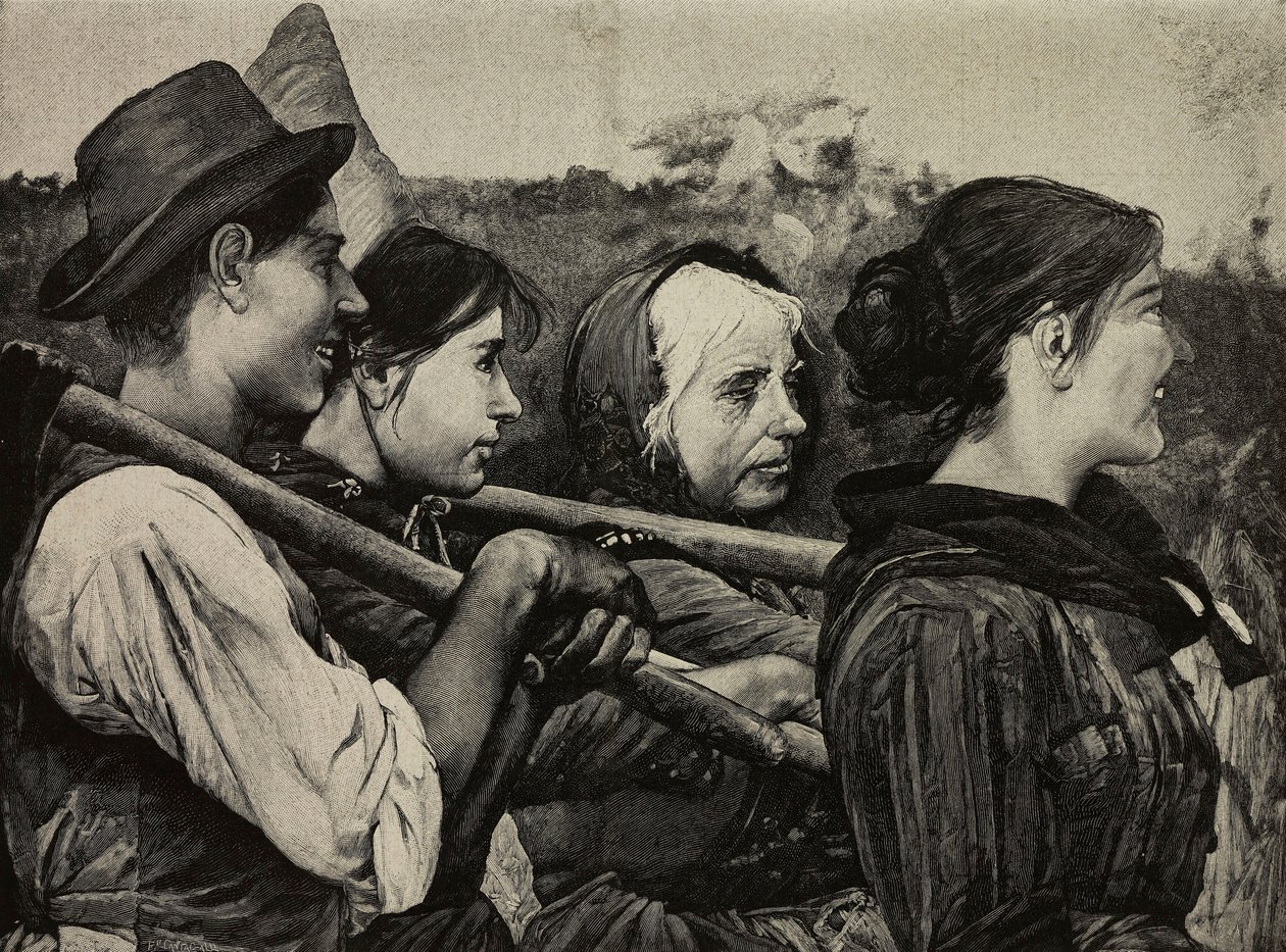 في الحقول، لوحة رسمها إيجيستو فيروني (1835-1912)، نقش بقلم ف. كانتاجالي من صورة فوتوغرافية لجي بروجي من L