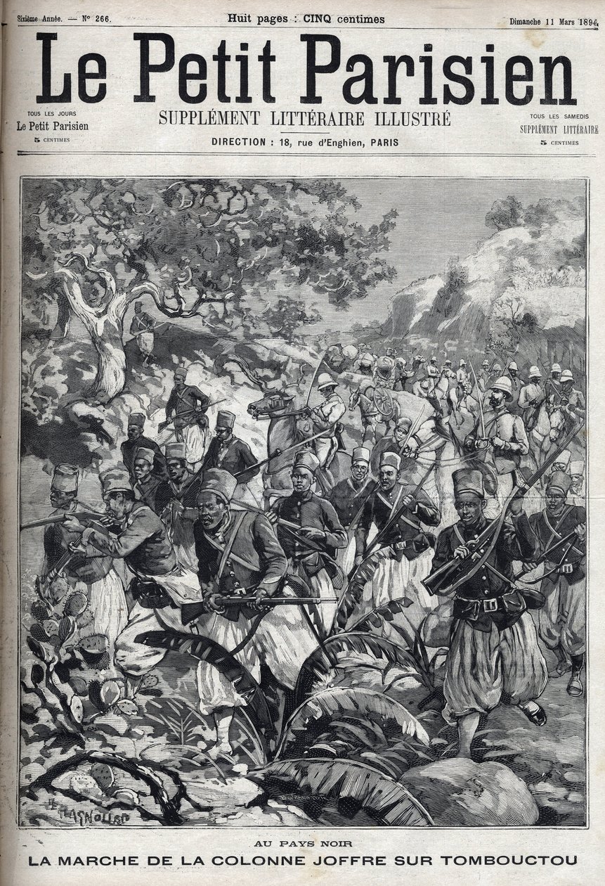 في المستعمرات الفرنسية: مسيرة عمود الجنرال جوزيف جوفر (1852-1931) وجيشه من spahis في تمبكتو (مالي). نقش في "" Le Parisien "" بواسطة فنان غير معروف