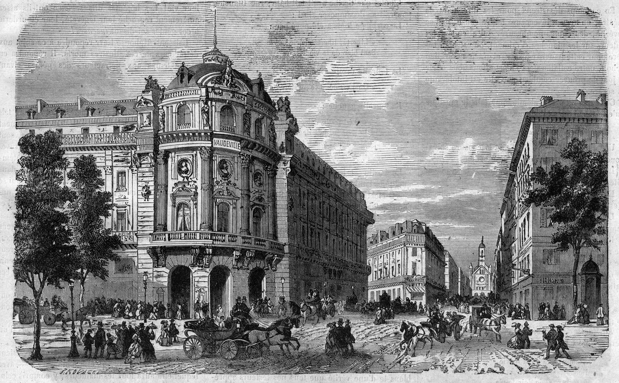 افتتاح مسرح دو فودفيل الجديد في باريس ، عند زاوية Boulevard des Capucines و Chaussee d'Antin - نقش في "" Le Journal Illustre " بواسطة فنان غير معروف