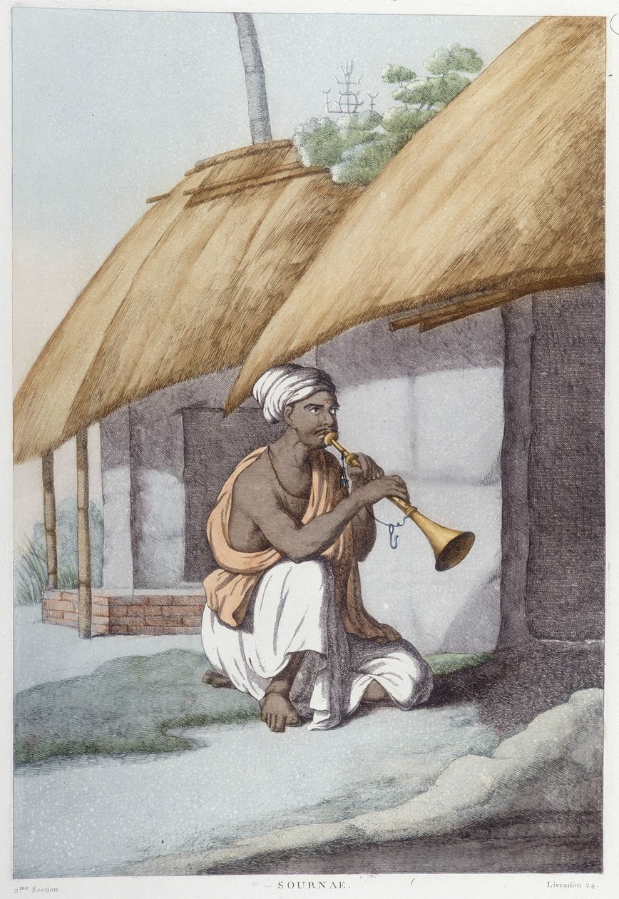 الثقافة والحضارة والمجتمع الهندي: موسيقي مع الفلوت الهندي التقليدي. نقش من 1808. بواسطة فنان غير معروف