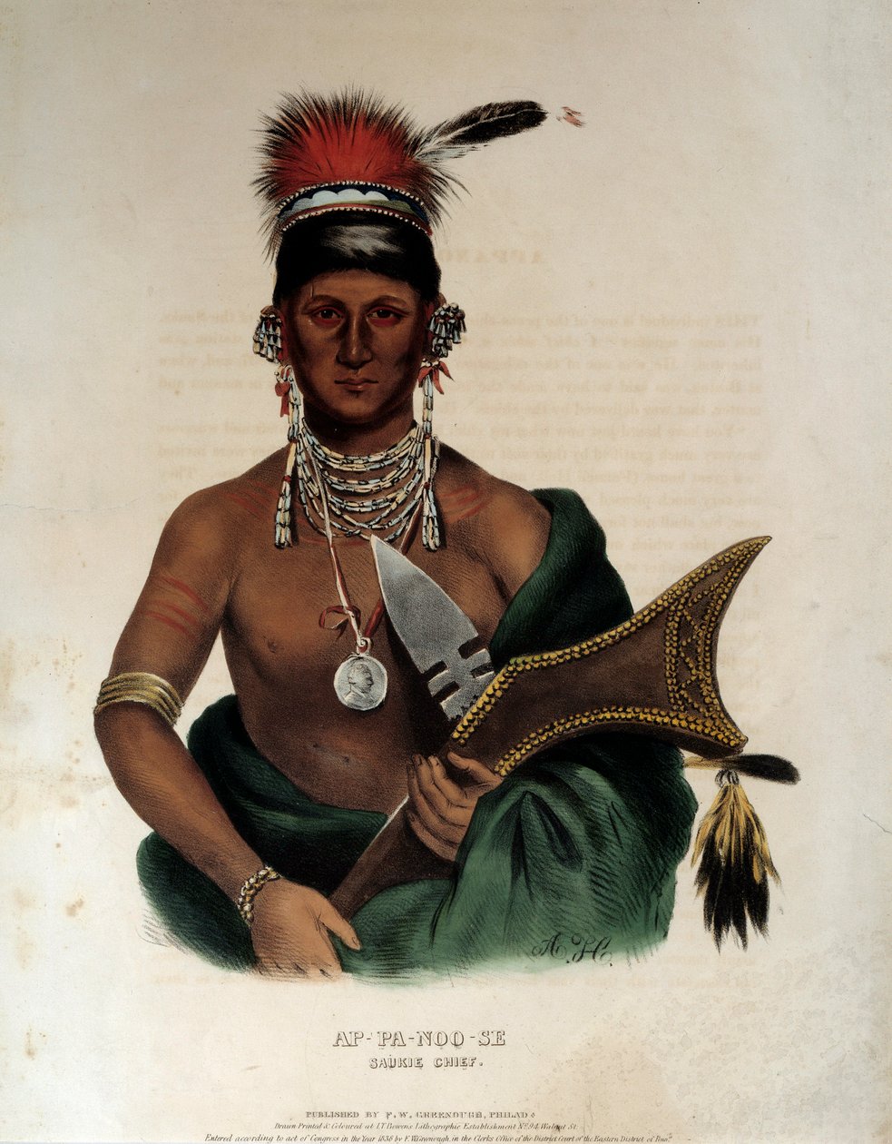 Indian of America: "" Portrait of a Indian Chief of Saukie Ap Pa Noo See "" طباعة حجرية مجهولة من 1836 La Rochelle ، Musee du Nouveau Monde بواسطة فنان غير معروف