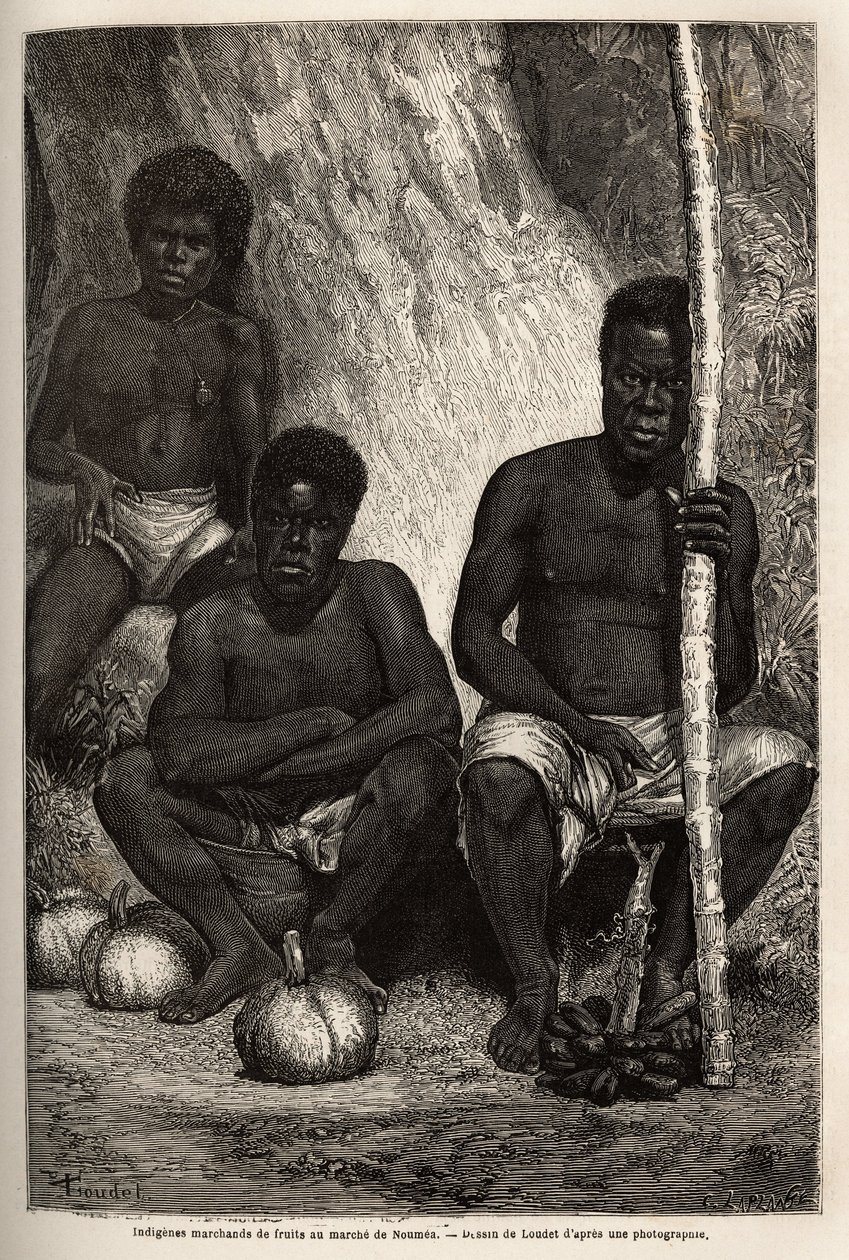 تاجر فاكهة Indigenes ، في سوق نوميا (كاليدونيا الجديدة). نقش لتوضيح الرحلة إلى كاليدونيا الجديدة من عام 1863 إلى عام 1866 ، بقلم جول غارنييه ، المهندس المدني للمناجم ، في "Le Tour du monde، nouveau journal des voyages" الذي نُشر تحت الرهيب بواسطة فنان غير معروف
