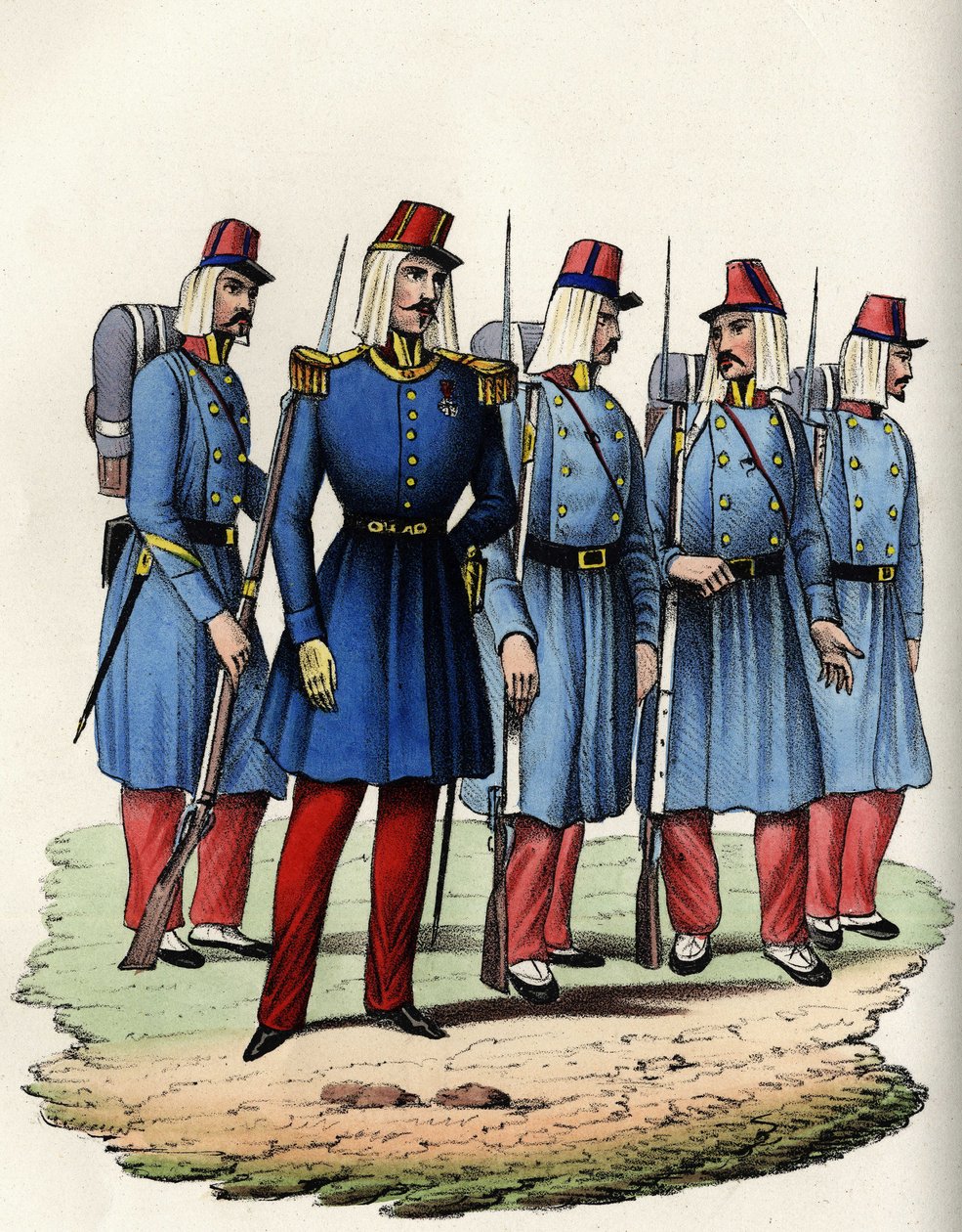 مشاة الجيش الفرنسي لأفريقيا ؛ ضابط وضابط صف وجنود في الجزائر عام 1830. في "" Storia d'Algeri "" ، Leone Galibert ، المجلد. 2 بواسطة فنان غير معروف