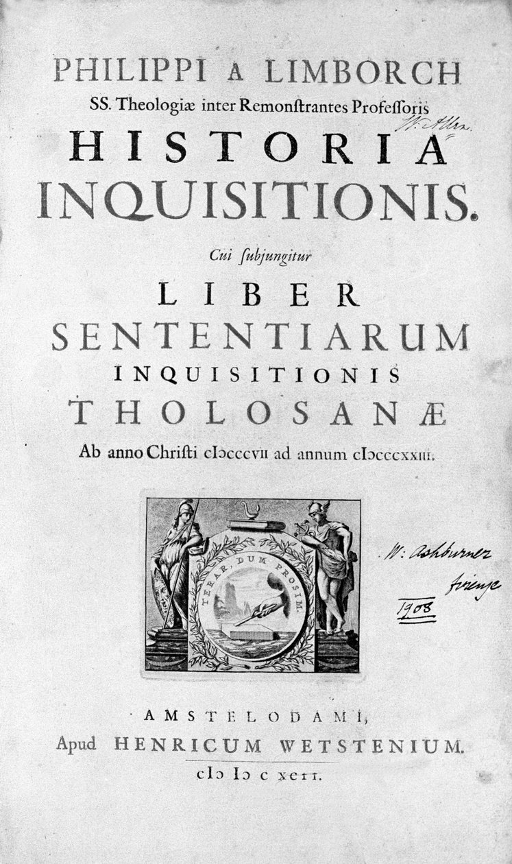 محاكم التفتيش. واجهة "تاريخ محاكم التفتيش" أمستردام 1692. بواسطة فنان غير معروف