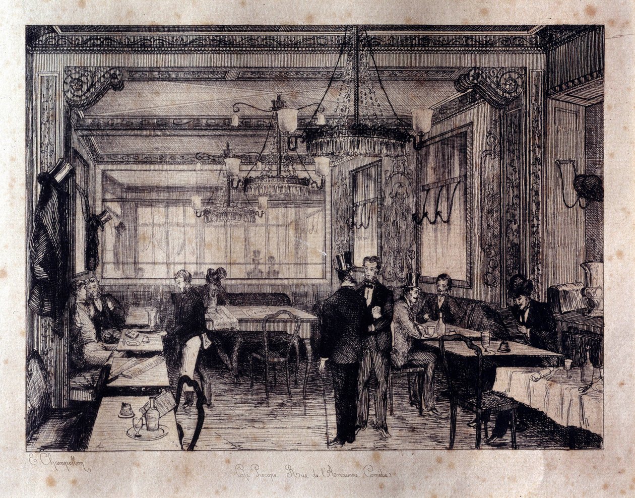 منظر داخلي لمقهى Le Procope في شارع de l'Ancienne Comedie في باريس. نقش القرن التاسع عشر. باريس ، لو برووب بواسطة فنان غير معروف