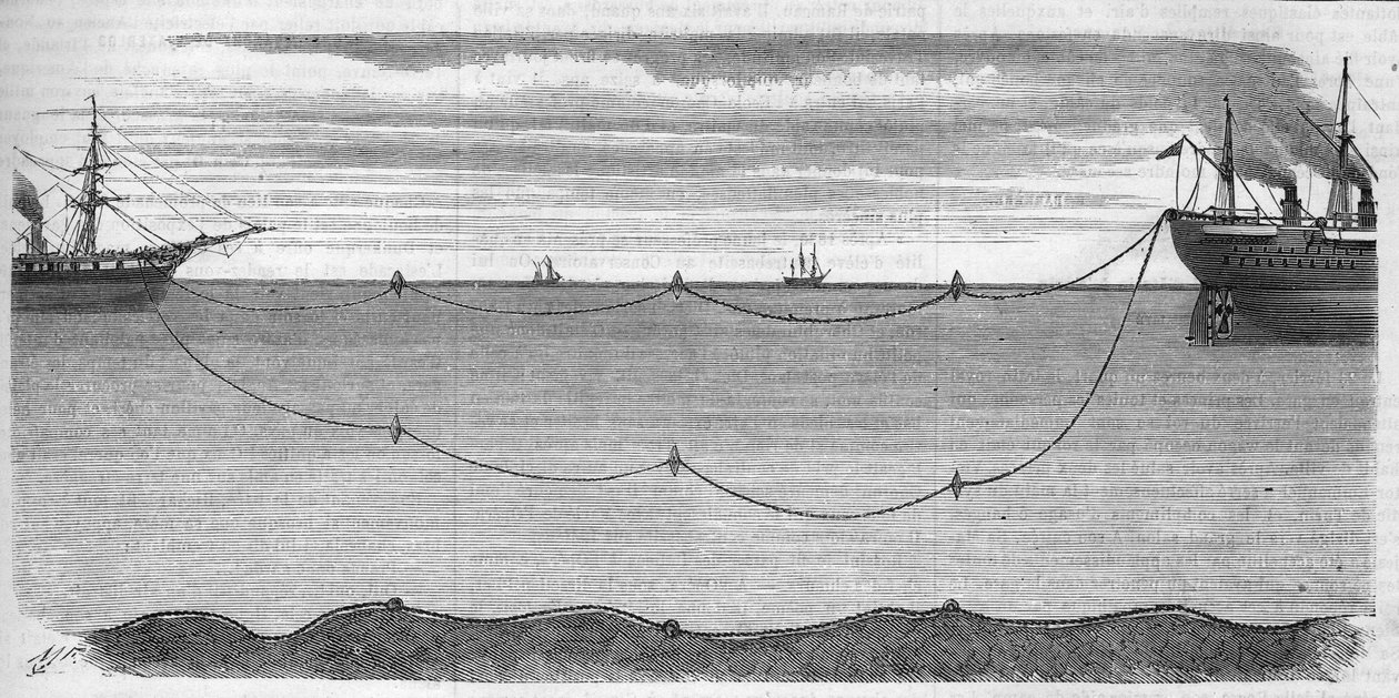 تركيب الكبل الكهربائي trasatlantic بقصد ربط أوروبا بأمريكا عام 1865. نظام عوامة يستخدم لمنع الكابلات الكهربائية من الانكسار أثناء التركيب. كانت السفينة المسؤولة عن العملية هي Great Eastern. نقش من عام 1865 بواسطة فنان غير معروف