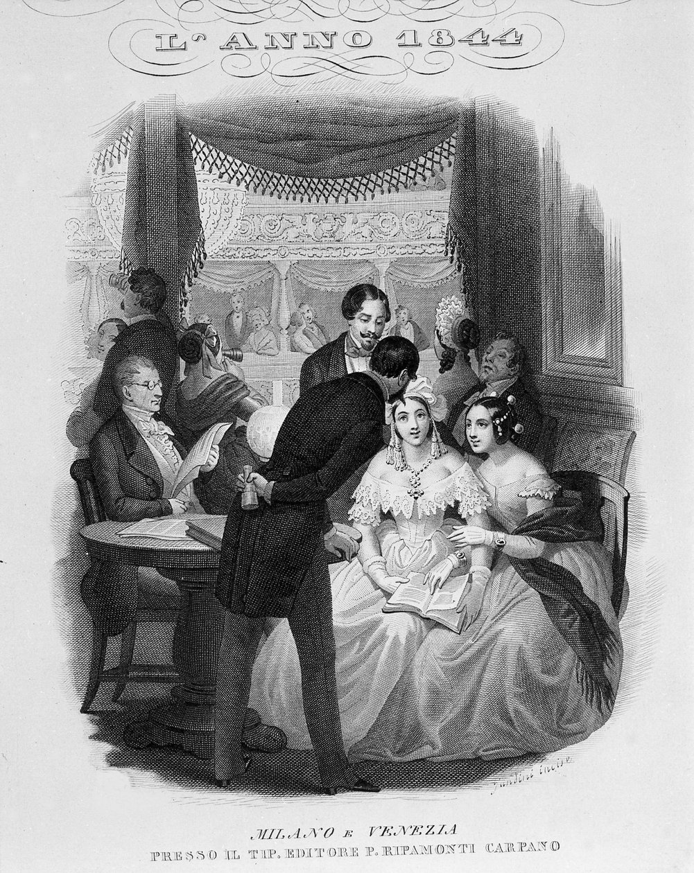 داخل نزل من مسرح ألا سكالا. 1844. بواسطة فنان غير معروف