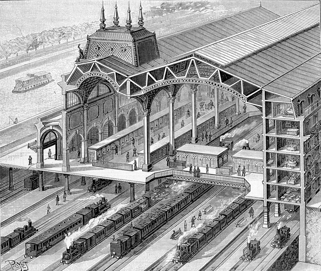 نظرة عامة داخلية لمحطة أورليان الجديدة على Quai d'Orsay en coupe - في "La Nature" بواسطة فنان غير معروف