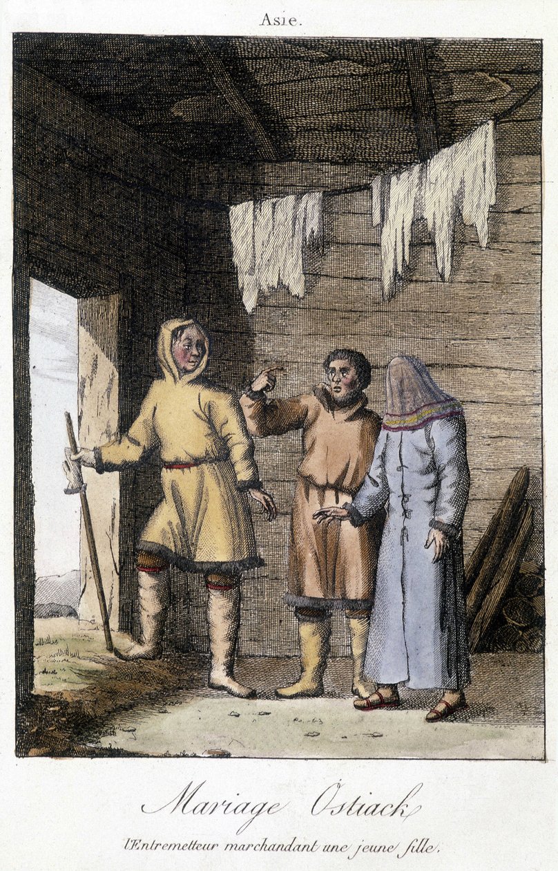 وسيط تساوم فتاة صغيرة على حفل زفاف أوستياك (خانتي أو خانتي) (قبيلة صياد باليوسيبيرية تأسست في منطقة الغابات في وادي أوب الأوسط). بواسطة فنان غير معروف