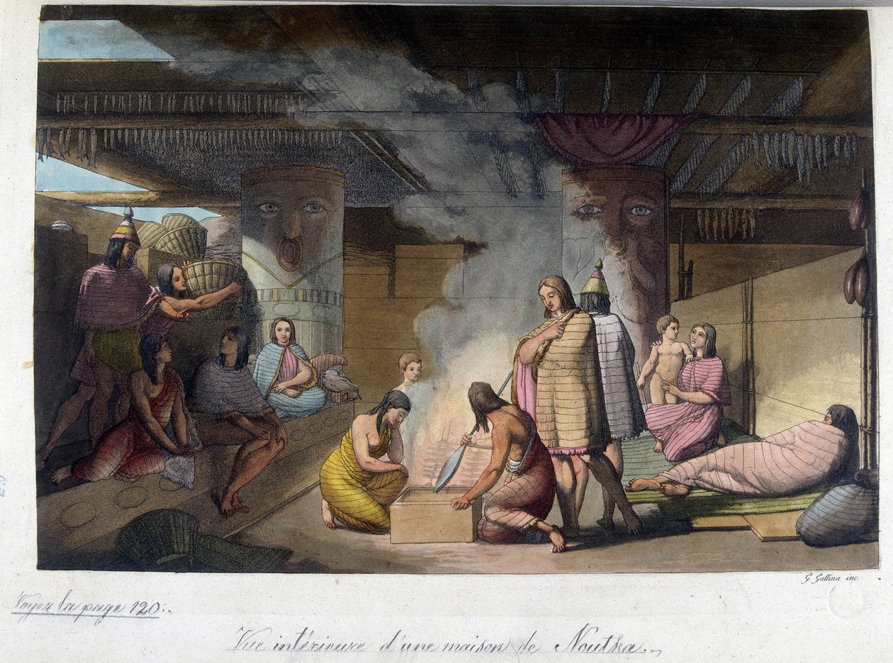 منظر داخلي لمنزل في نوتكا ، روسيا. في "" الزي القديم والحديث "1819-1820 ، بواسطة Ferrario. بواسطة فنان غير معروف