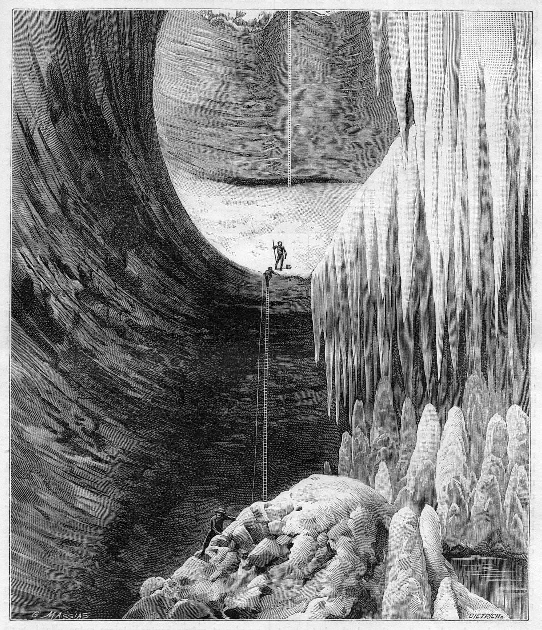 انفجر منظر داخلي للنهر الجليدي الطبيعي لـ Creux-Perce (Creux Perce) (Cote-d'Or) لأول مرة في مارس 1892 - نقش في "La Nature" عام 1892. بواسطة فنان غير معروف