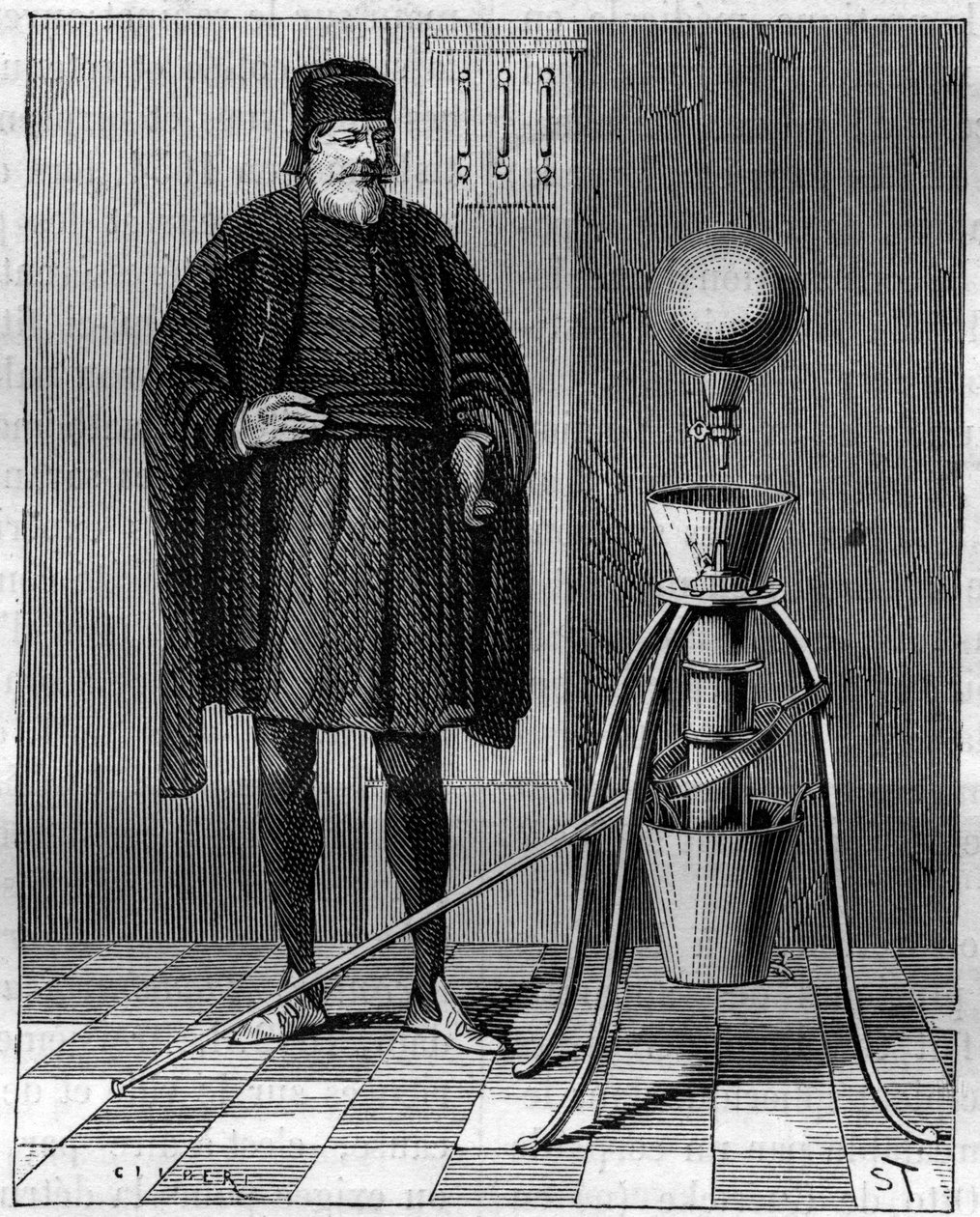 الاختراع: آلة تعمل بالهواء المضغوط بواسطة أوتو دي جويريك (أوتو دي جويريك) (1602-1686) ، المخترع الألماني. نقش في "" La Nature "" بواسطة فنان غير معروف