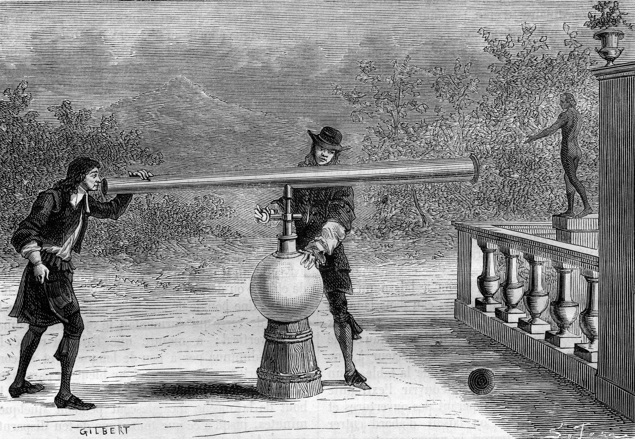 الاختراع: Sarbacan أو المسدس الهوائي بواسطة Otto von Guericke (Otto de Guericke) (1602-1686) ، المخترع الألماني. نقش في "" La Nature "" بواسطة فنان غير معروف