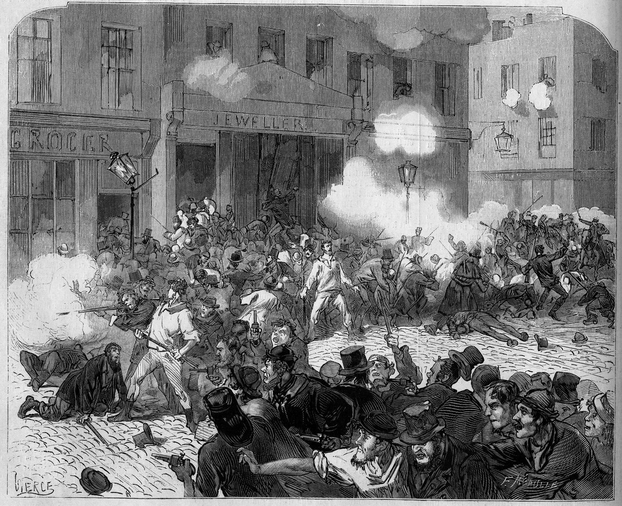 أيرلندا 1872: مشاكل بلفاست ، الصراع بين الأورانجيين والكاثوليك. بواسطة فنان غير معروف