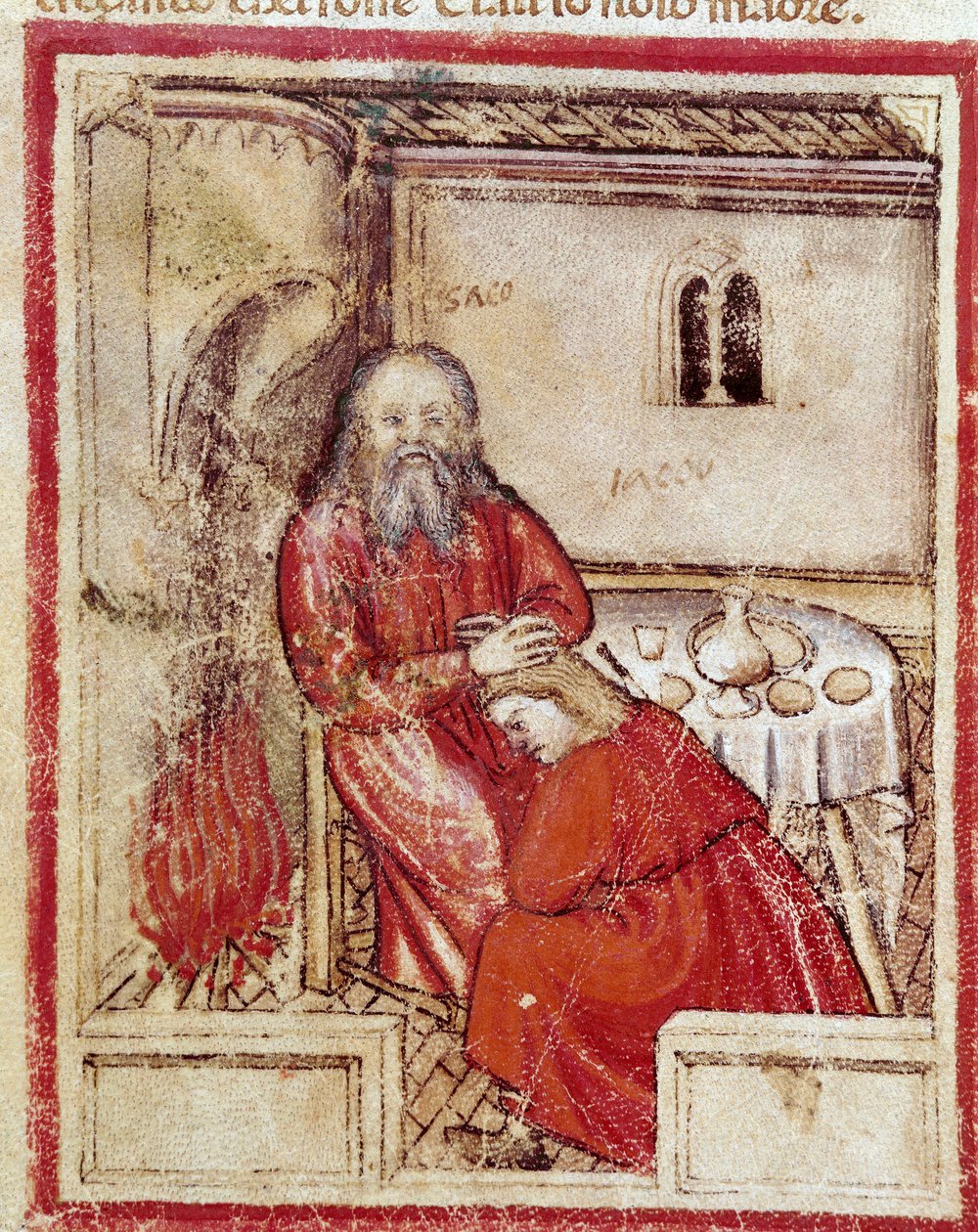 إسحاق بعد أن أكل الطفل الذي أحضره ابنه يعقوب البينيت معتقدًا أنه Esau Miniature من مجلد 212 (أو مخطوطة بادوفانو أو الكتاب المقدس لبادوا) 1390-1400 Rovigo، Accademia dei Concordi بواسطة فنان غير معروف