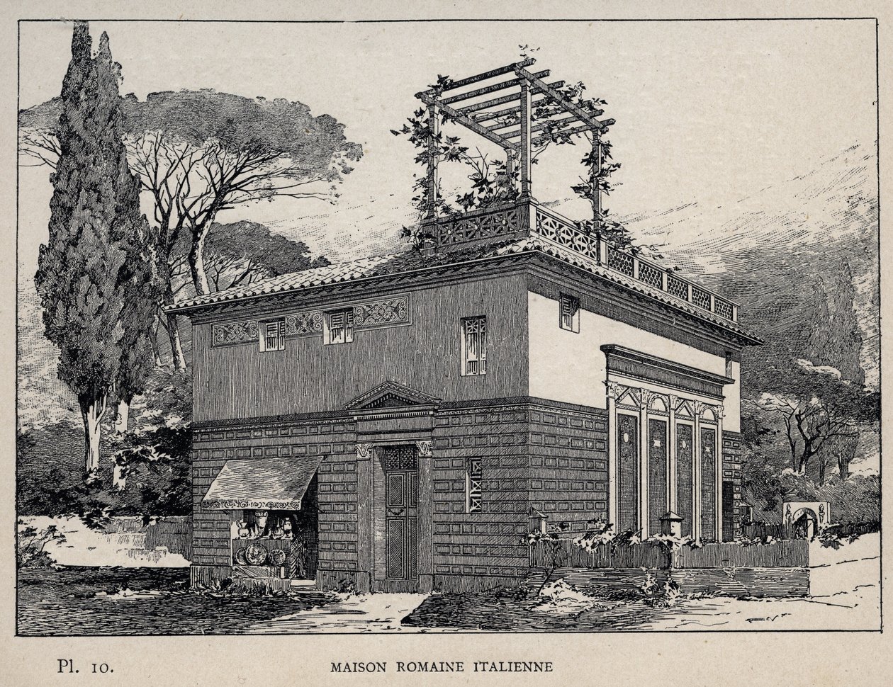 البيت الروماني الإيطالي - نقش عام 1889 في "تاريخ سكن الإنسان في المعرض العالمي لعام 1889 ، بواسطة السيد تشارلز غارنييه - Librairie centrale des beaux-Arts باريس 1889 بواسطة فنان غير معروف