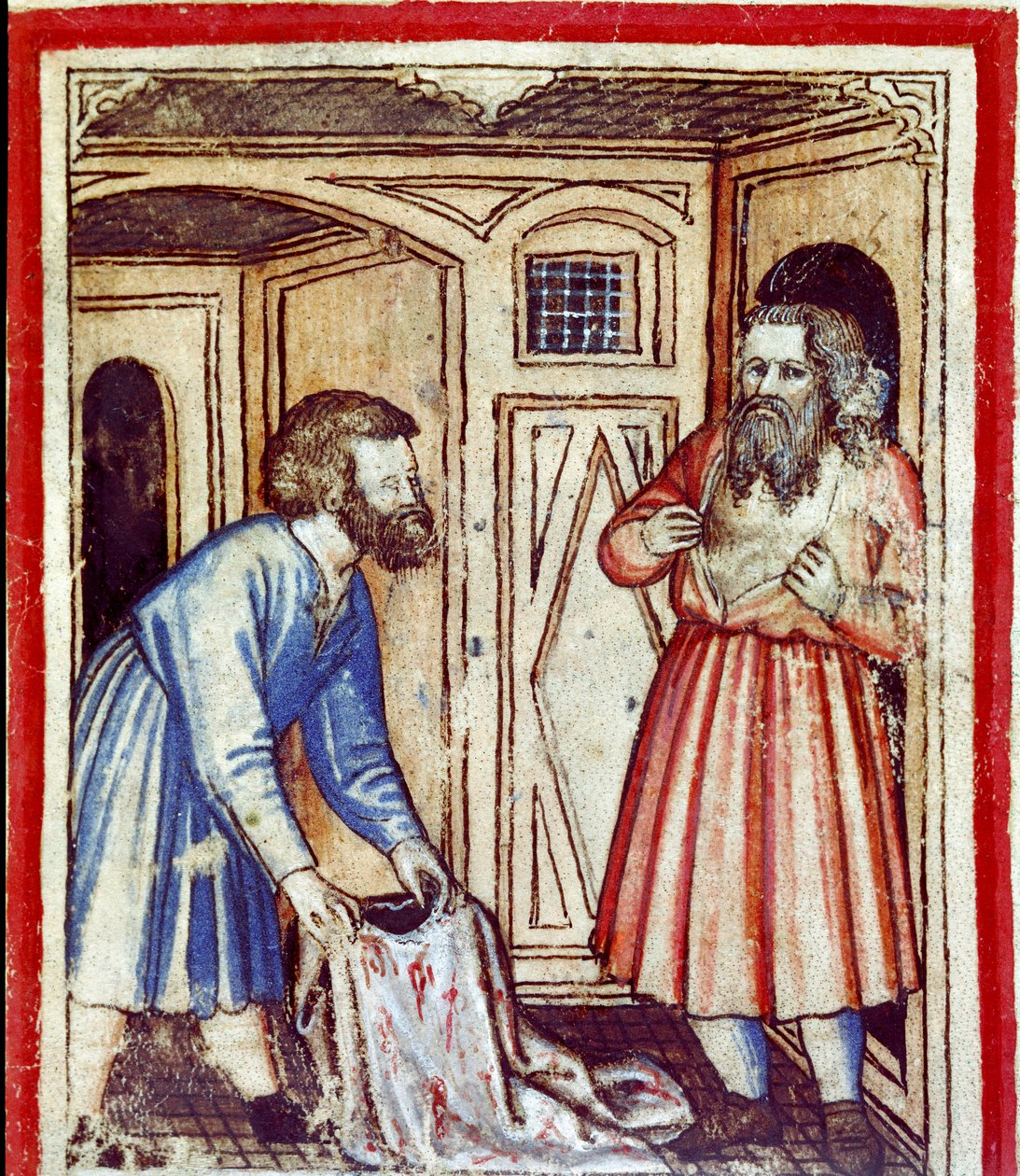 Jacob learns of the death of his son Joseph, sold by his brothers to the Egyptians Miniature from codex 212 (or padovano codice or Bible of Padua) 1390-1400 Rovigo, Accademia dei Concordi بواسطة فنان غير معروف