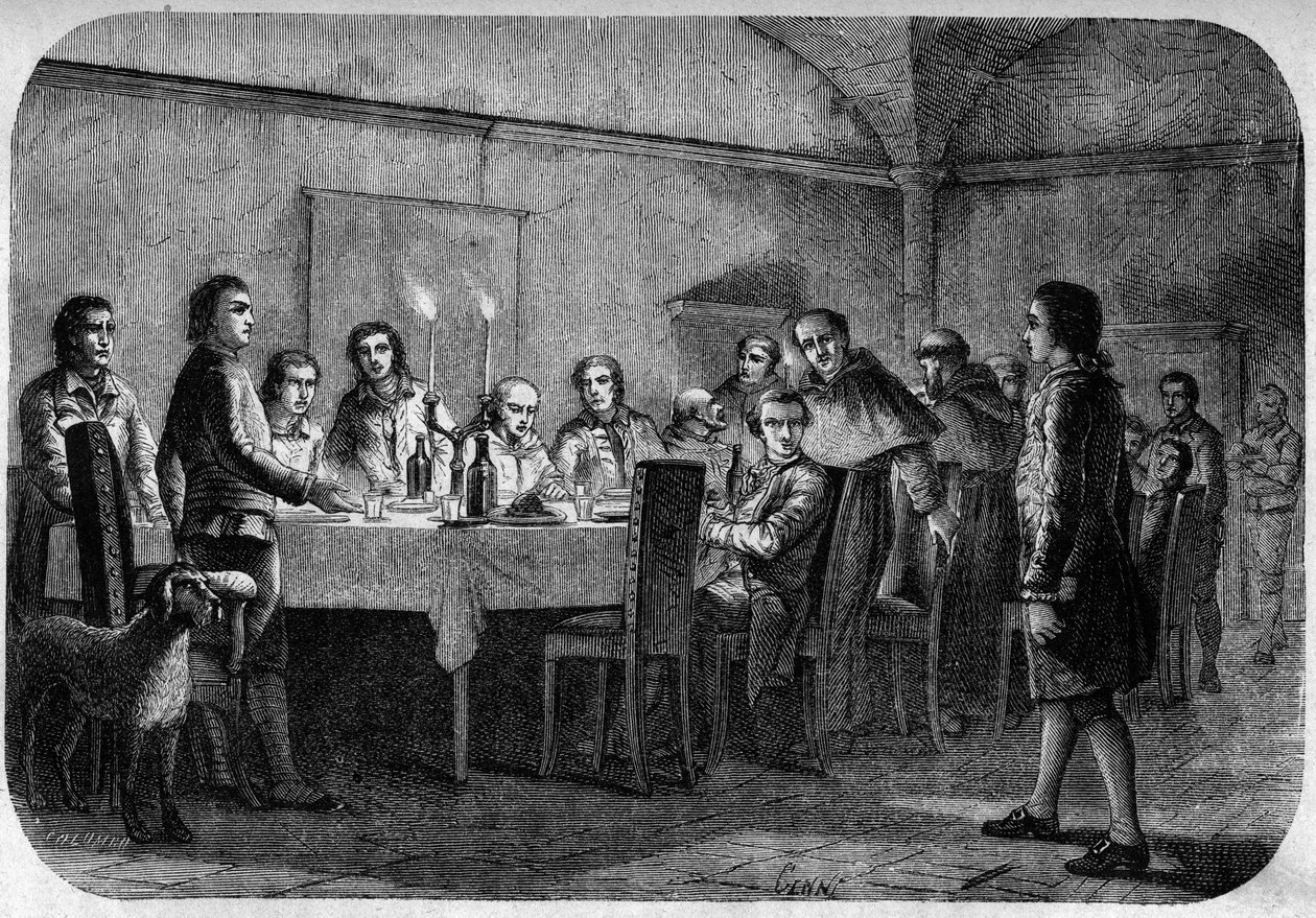 جيمس بوسويل (1740-1795) الكاتب والمحامي الاسكتلندي ، ابن اللورد ألكسندر بوسويل ، استقبل خلال اجتماع في وجبة قدمها باسكال (باسكوالي) باولي. في "" Pasquale Paoli ossia la rotta di Pontenuovo "" للمخرج FD Guerrazzi. 1872. بواسطة فنان غير معروف