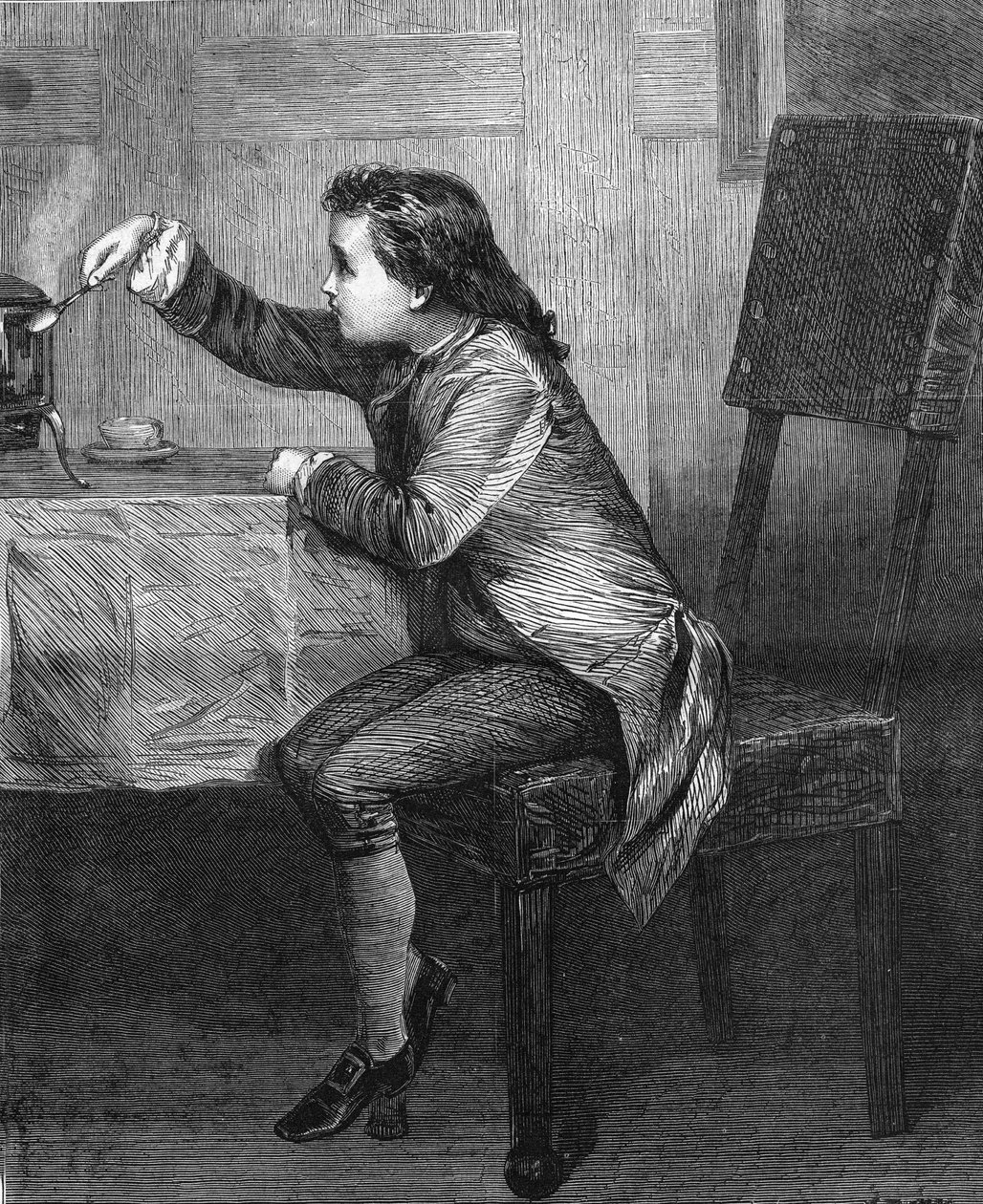 جيمس وات (1736-1819) طفل يكتشف قوانين البخار ، نقش عام 1868 حسب لوحة ماركوس ستون. بواسطة فنان غير معروف