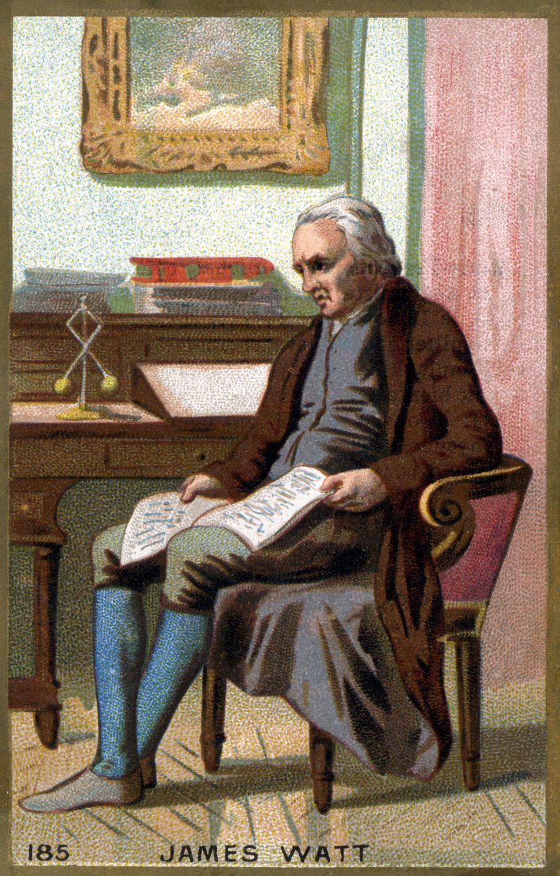 جيمس وات (1736-1819) في مكتبه. الطباعة الحجرية الملونة في القرن التاسع عشر. بواسطة فنان غير معروف
