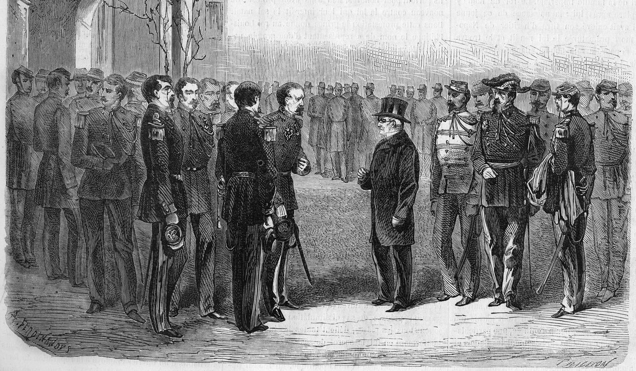 يناير 1873: قام أدولف تييرز (1797-1877) ، سياسي فرنسي ، رئيس الجمهورية برفقة وزير الحرب والجنرال هارتونج بزيارة مدرسة البوليتكنيك. نقش من عام 1873. بواسطة فنان غير معروف