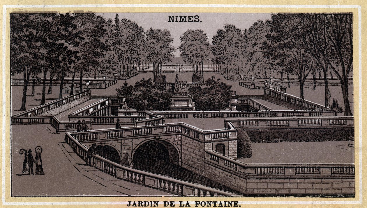 Jardin de la Fontaine في Nimes (Gard ، لانغدوك روسيون). الطباعة الحجرية الملونة في أواخر القرن التاسع عشر. بواسطة فنان غير معروف