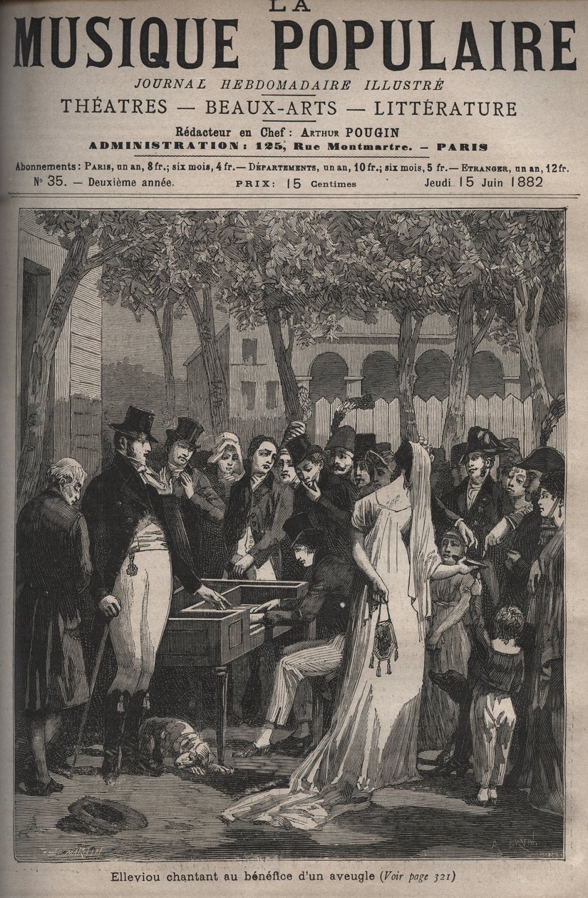 جان إليفيو ، المغني والممثل الكوميدي وكاتب النصوص الفرنسي (1769-1842) يغني لصالح رجل أعمى في عام 1801 في شارع الشانزليزيه - نقش في مجلة "La musique populaire" الأسبوعية اللامعة - 1882 بواسطة فنان غير معروف