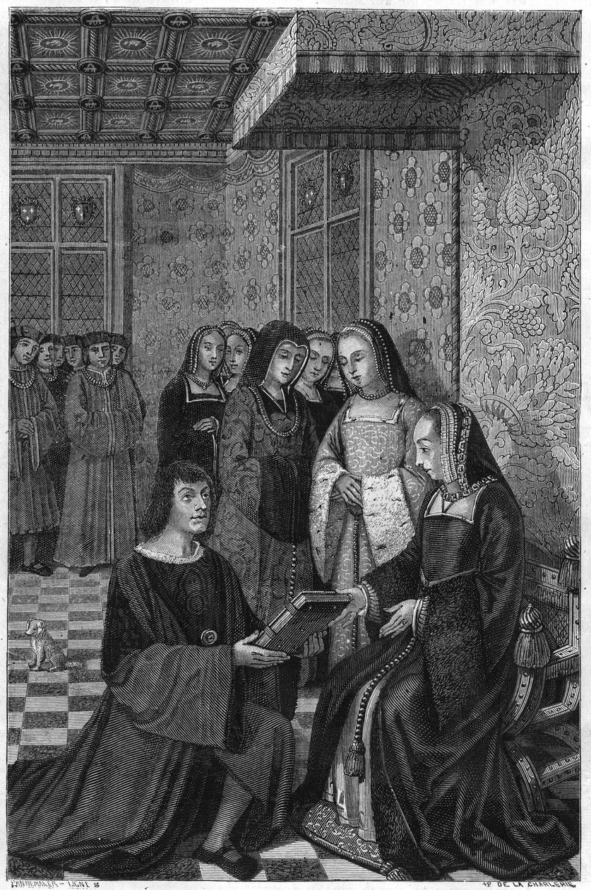 جان مارو ، شاعر (1463-1526) ، قدم مجلدًا شعريًا للملكة آن ملكة فرنسا. نقش القرن التاسع عشر. بواسطة فنان غير معروف