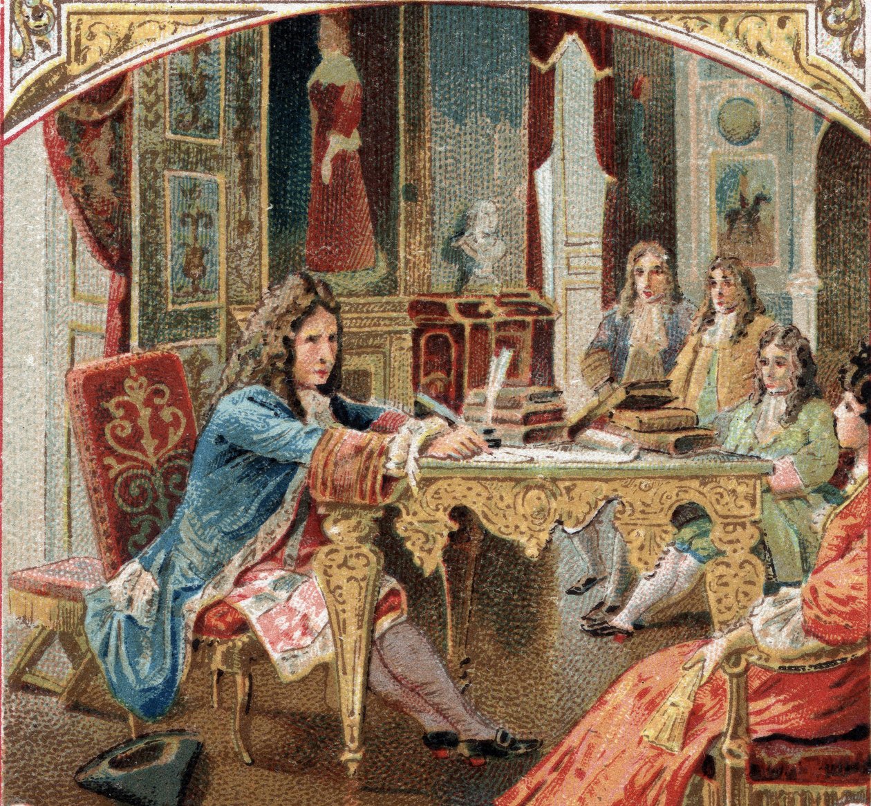 جان راسين (1639-1699) مكون "إستير" و "أثالي" في قلعة مينتينون. الطباعة الحجرية الملونة في أواخر القرن التاسع عشر بواسطة فنان غير معروف