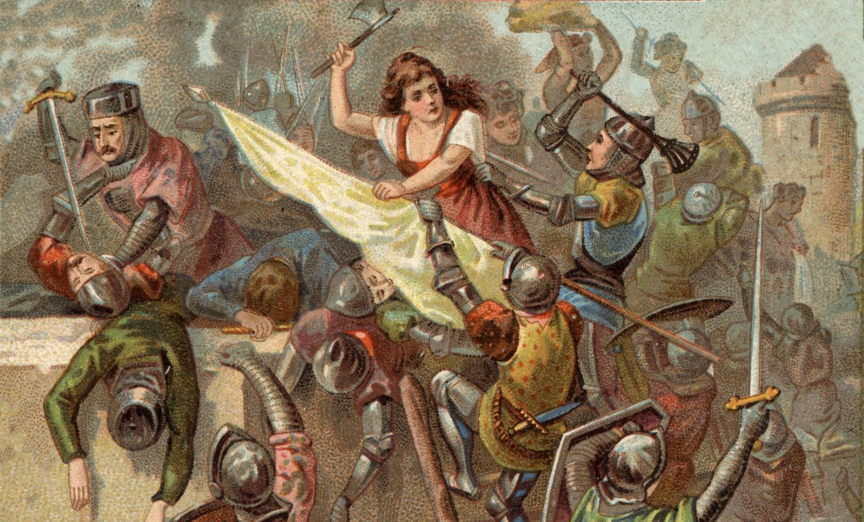Jeanne Laisne dit Jeanne Hachette (مواليد 1454) ، شخصية المقاومة الفرنسية ضد Charles the Temeraire أثناء حصار مدينة Beauvais بواسطة فنان غير معروف