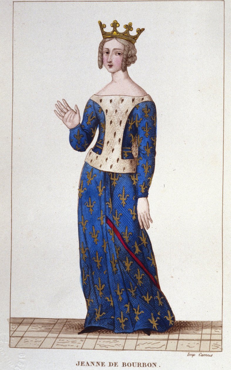 جين دي بوربون (1338-1378). ملكة فرنسا من ١٣٦٤ إلى ١٣٧٨. نقش من ١٨٣٠ بواسطة فنان غير معروف