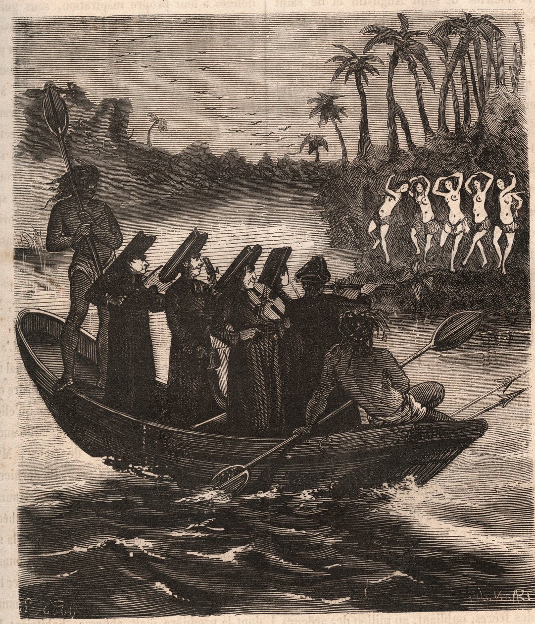 وصل المبشرون اليسوعيون بالقارب بين هنود الغواراني في باراغواي عام 1553 - نقش عام 1879 في "تاريخ المجتمعات السرية والسياسية والدينية" بقلم بيير زكوني (1817-1895) بواسطة فنان غير معروف
