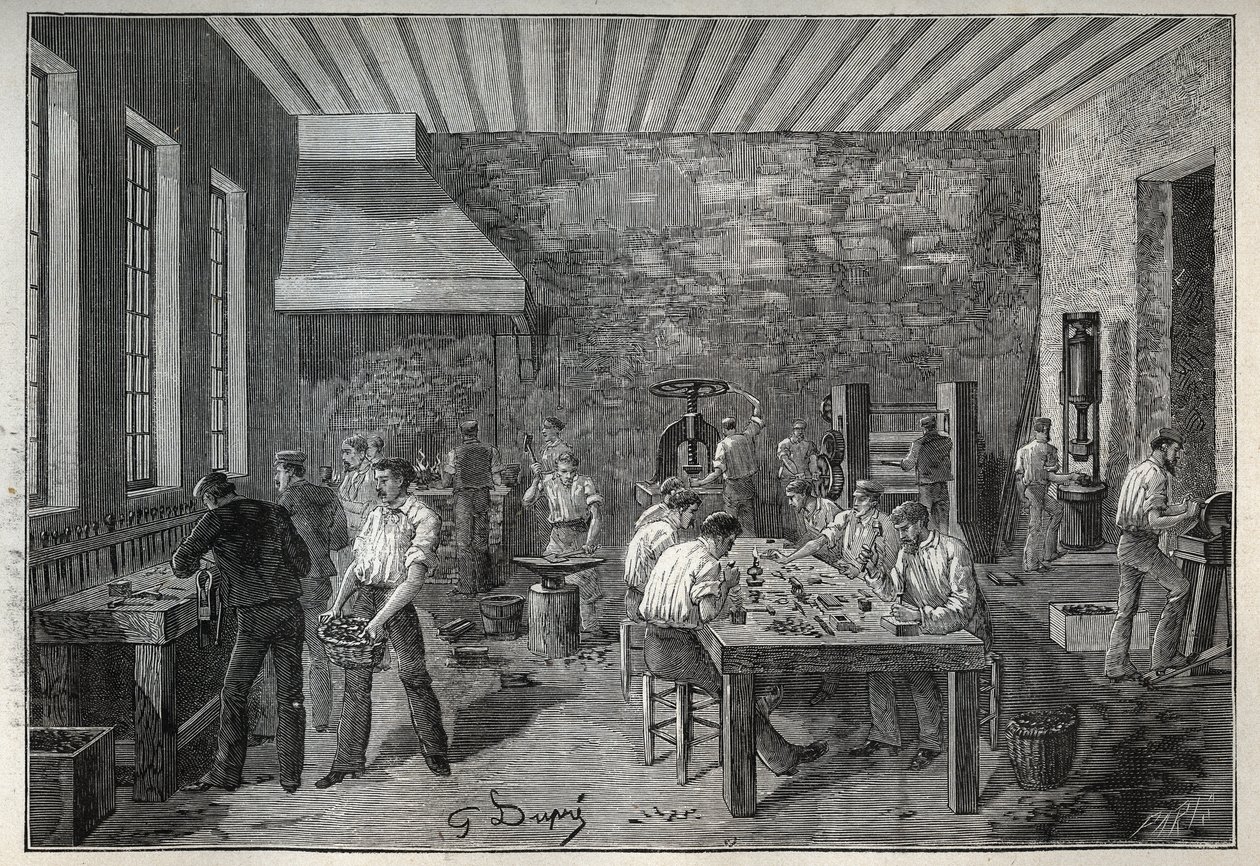 المجوهرات: مصنع المجوهرات الفولاذية. نقش من عام 1885 في "" Les Arts et metiers Illustres "" لأدولف بيتارد. بواسطة فنان غير معروف