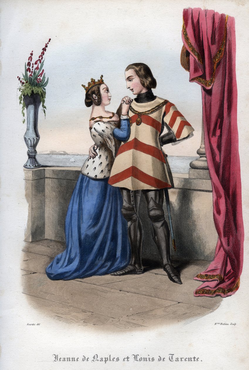 جوان الأول (جين إيري دانجو) (1326-1382) ، ملكة نابولي ولويس ، أمير تارانتو (لويس دي تارانتو) (1320-1362). نقش من عام 1842 في "تاريخ الباباوات" لموريس لاشاتر. مجموعة خاصة. بواسطة فنان غير معروف