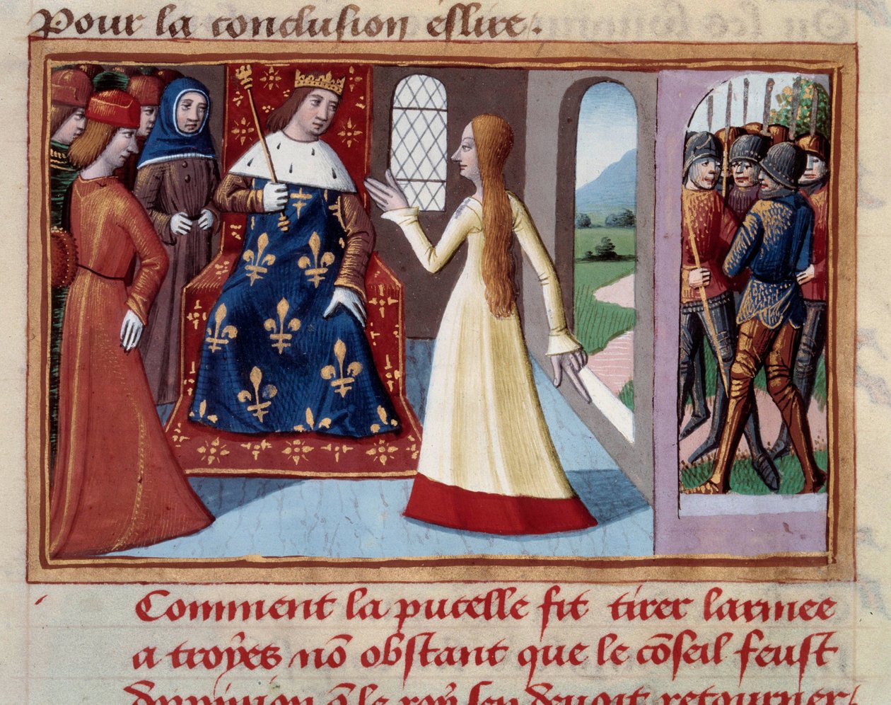 جان دارك (1412-1431) قبل الملك تشارلز السابع (1422-1461). صورة مصغرة من "" Vigilles du roi Charles VII "" لمارتيال دوفيرني (1430-1508) بواسطة فنان غير معروف