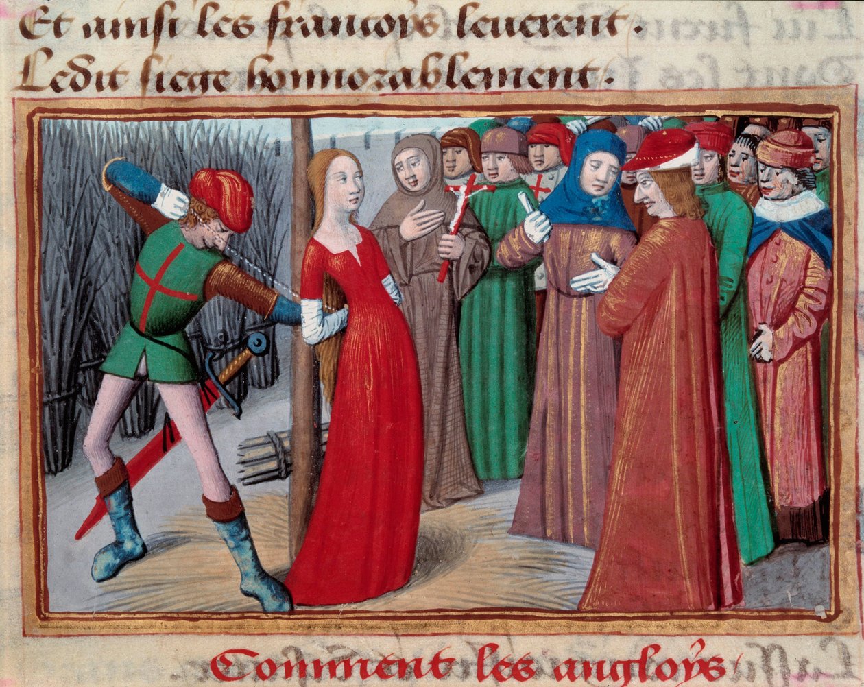 جان القوس (1412-1431) مثبتة على الجزار. صورة مصغرة من مخطوطة "Vigilles du roi Charles VII" بقلم Martial d'Auvergne بواسطة فنان غير معروف
