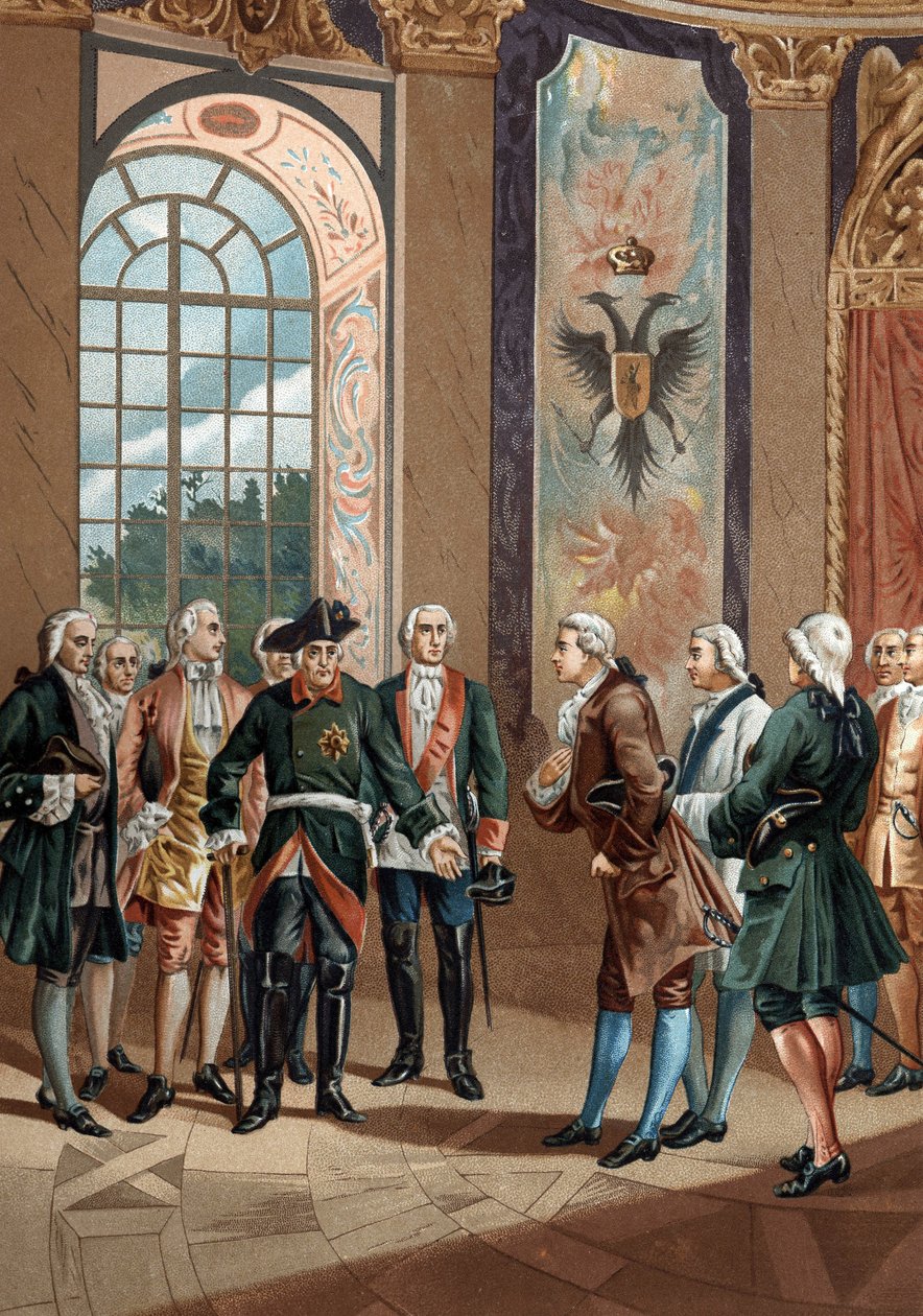 استقبل الملك فريدريك الثاني العظيم (1712-1786) ، ملك بروسيا ، جون لو روند دالمبيرت (1717 - 1783) في برلين. برشلونة 1881. بواسطة فنان غير معروف