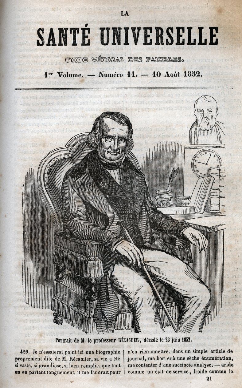 جوزيف كلود أنثلم ريكامير (1774-1852) ، جراح فرنسي - نقش في "La Sante Universelle - Guide Medical des Familles" "1852 بواسطة فنان غير معروف