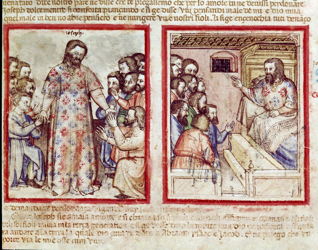 جوزيف يعاني من مرض خطير في سن 110 يغفر لإخوته الذين يسجدون له مصغر من مجلد 212 (أو كود بادوفانو أو الكتاب المقدس لبادوا) 1390-1400 روفيغو ، أكاديميا دي كونكوردي بواسطة فنان غير معروف