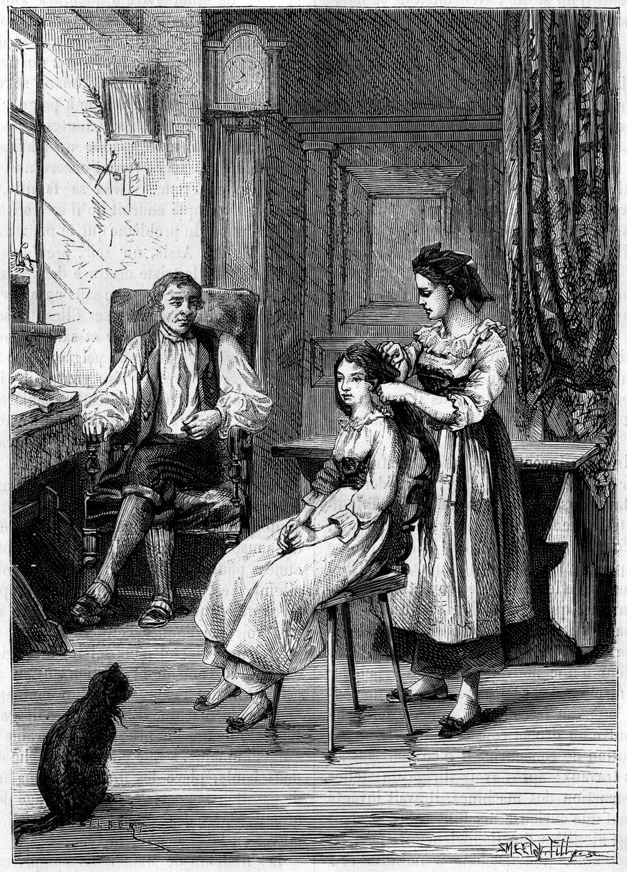 خوسيه هيلمان (1796-1848) ، مخترعة فرنسية ، تراقب بناتها تمشط شعرهن. لقد استدعى نفسه في هذا المشهد ليخلق المشكل الميكانيكي في عام 1843. نقش في "" La Nature: revue des sciences et de ses applications aux arts et a l'industrie " بواسطة فنان غير معروف